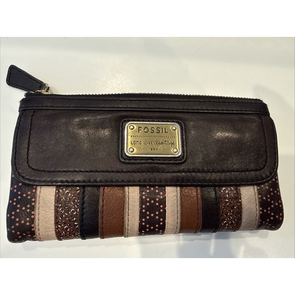 FOSSIL Long Live Vintage Multicolor Brown Patchwork Leather Wallet Clutch